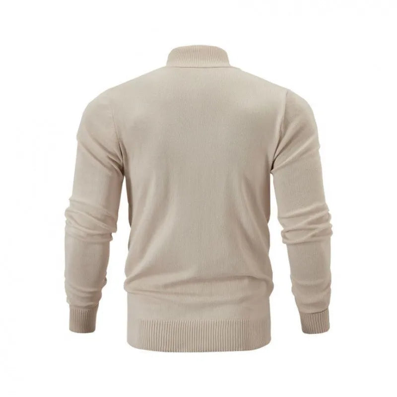 Casual zip-front cotton sweater with a stand collar shown in a solid colour.
