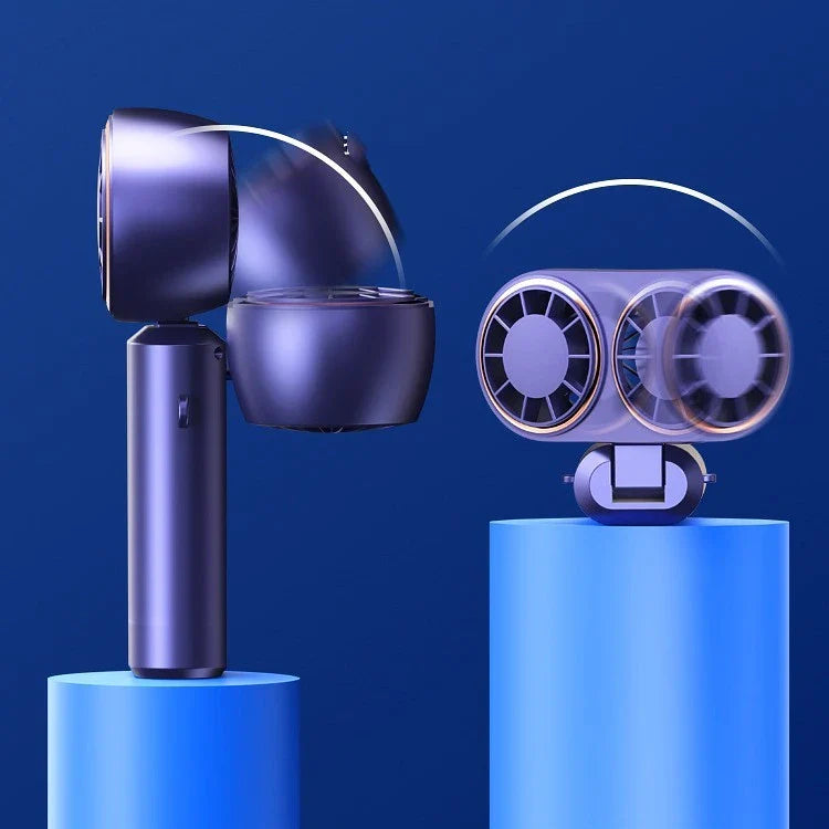 Portable USB rechargeable handheld fan with folding design, dual air outlets, and digital display for monitoring speed and battery life