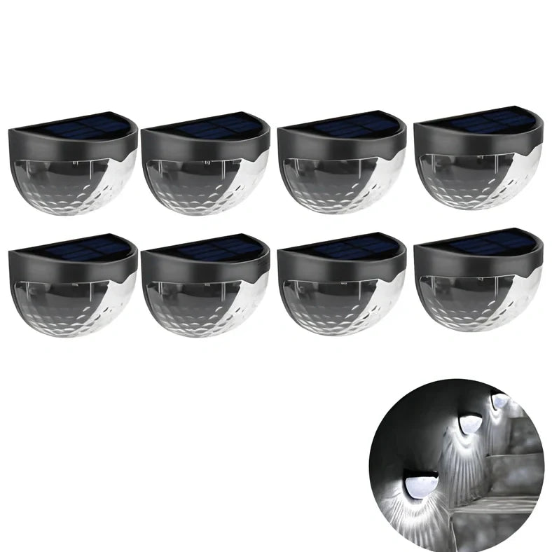 Pair of white waterproof solar semicircular fence lamps with water drop effect, IP65 rated for garden use, 90x62x50mm