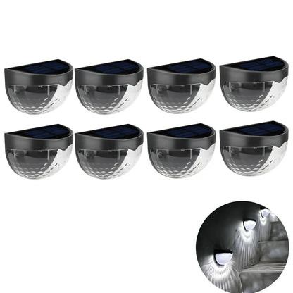 Pair of white waterproof solar semicircular fence lamps with water drop effect, IP65 rated for garden use, 90x62x50mm