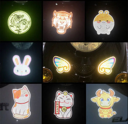 Reflective warning signs for automobiles and motorcycles with diamond film, 9cm by 5cm, in styles like Bucktooth melon seeds