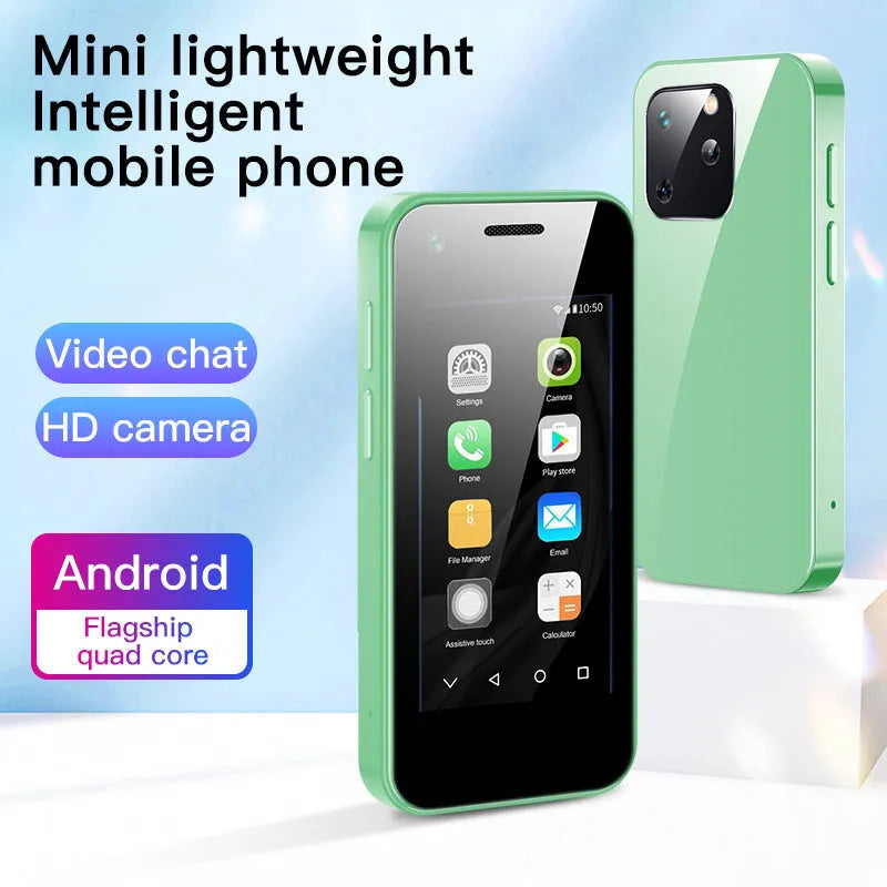 Ultra-small Android mini phone in Phantom Night Black colour, shown next to a standard Type-C charging cable.