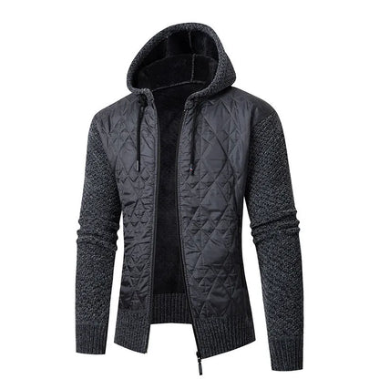 Men's grey hooded sweater coat with cinched style, wool and corduroy fabric, for winter wear