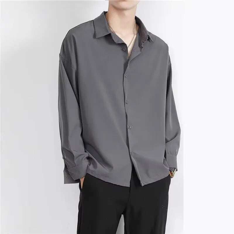 Men's slim fit long sleeve casual shirt in a solid colour, shown in a cardigan style.