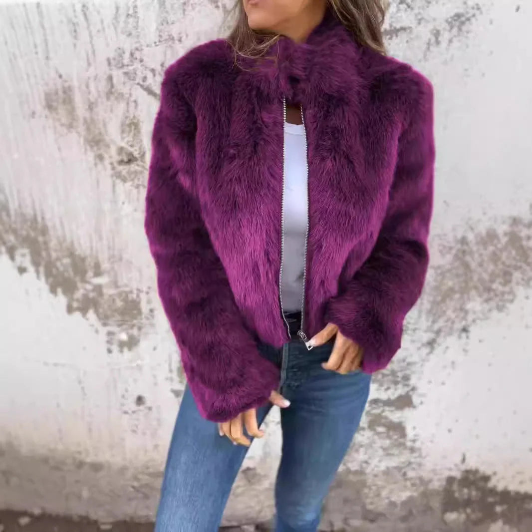 Women's stand collar plush jacket in faux fur with zipper, available in multiple colors