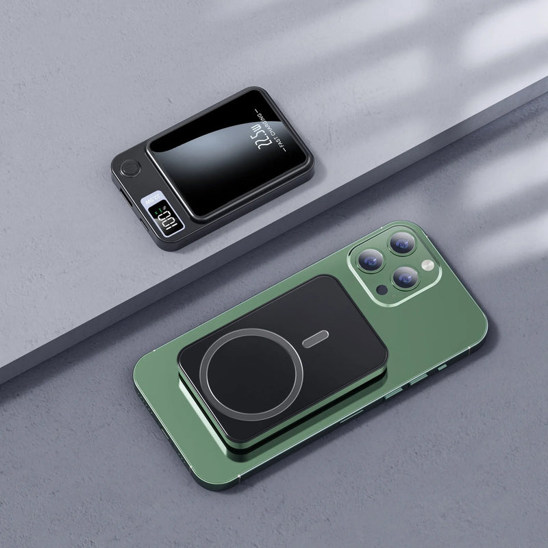 Magnetic wireless power bank with Super Fast Charge technology delivers high-speed wireless and wired charging for MagSafe compatible iPhone models in black, white, purple or green.