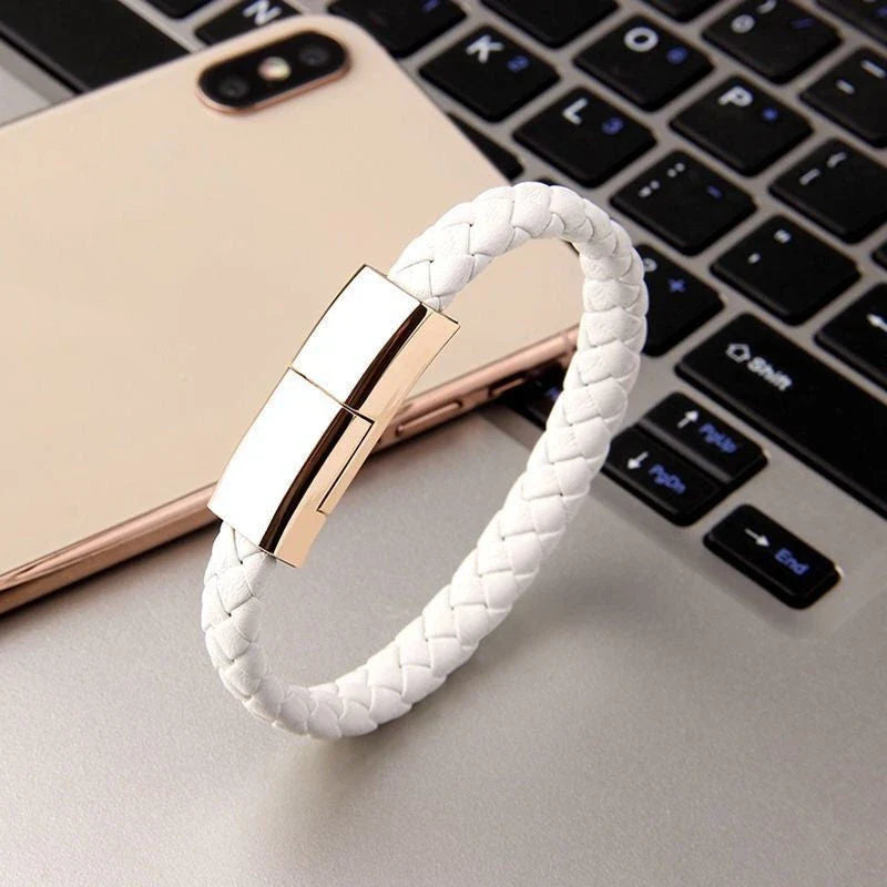 Stylish bracelet charging cable with premium leather and zinc alloy construction, compatible with iPhones, Android, and USB-C devices