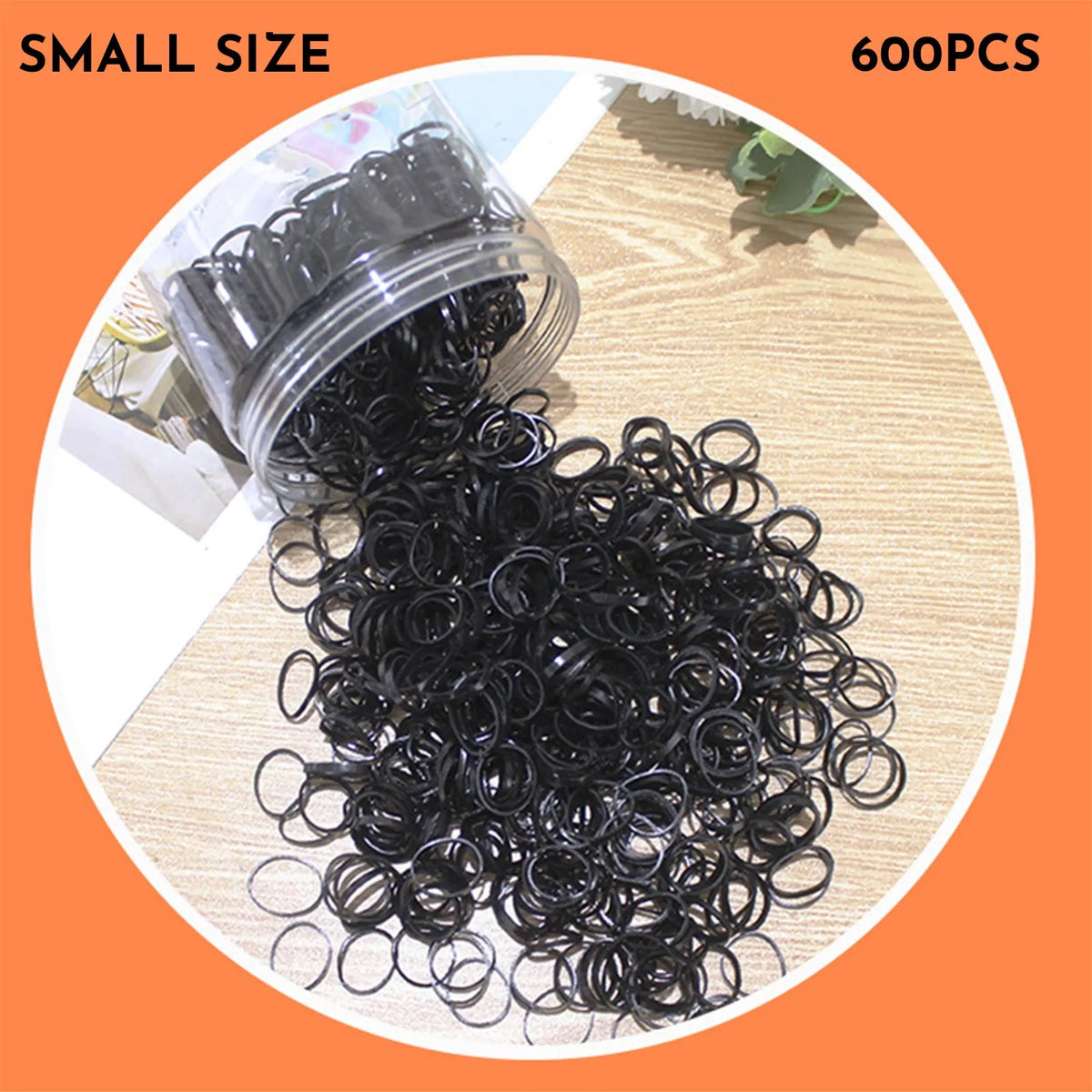 Multicoloured assortment of thin TPU elastic hair bands for babies and children in a reusable plastic container.
