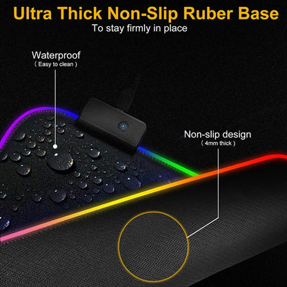 Black RGB gaming mouse pad with illuminated surface measuring 900x400mm and 4mm thickness