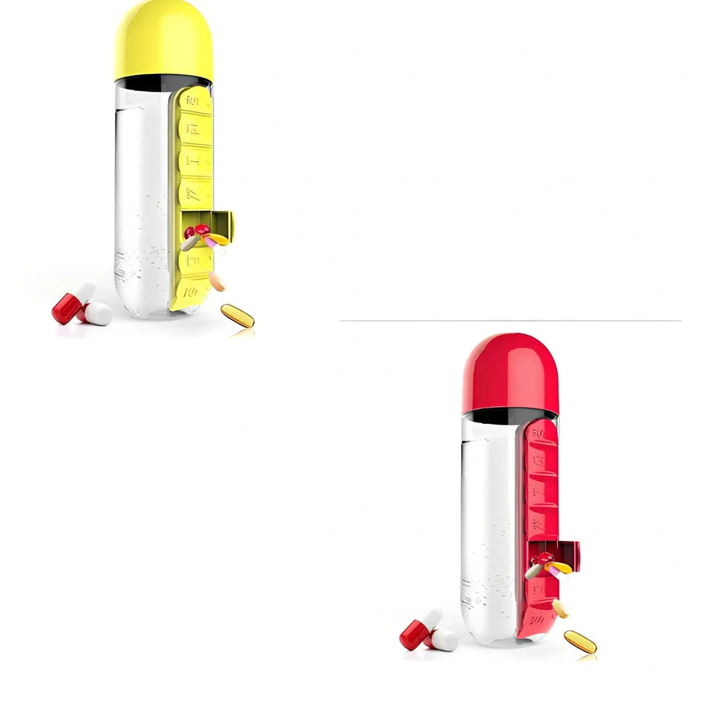 Two-in-one water cup with attached 7-day pill organiser showing daily compartments and screw-top lid