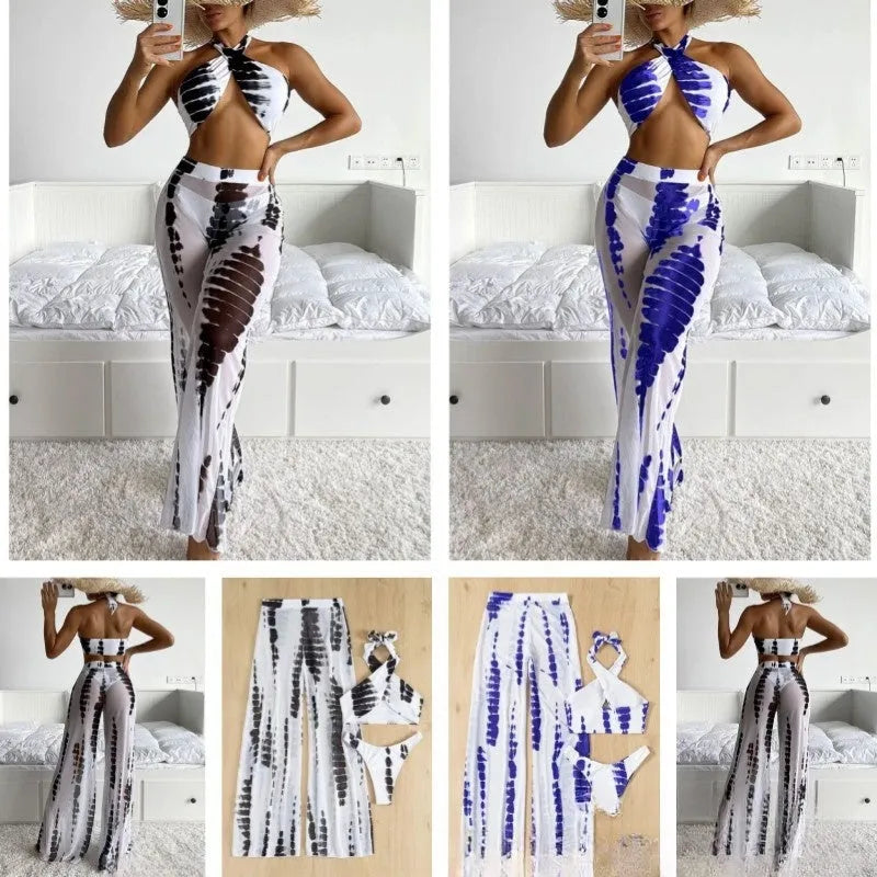 Bikini Swimsuit Set European American Printing Dyeing Three-Piece Mesh Trousers Style for Women S M L XL Black Blue Quick-Drying Polyester Spandex Lining Fitness Dance Swimming