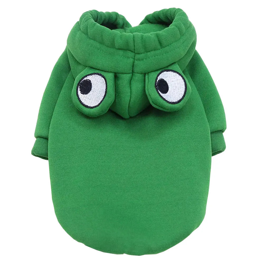 Green frog costume hoodie for a small dog, showing hood with ears and sweatshirt body.