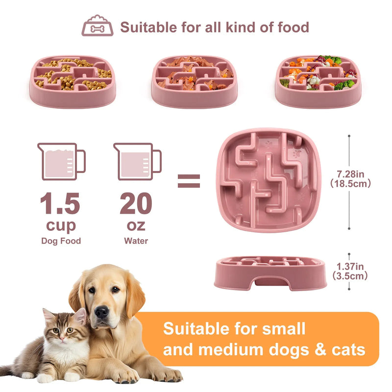 Slow feeding dog and cat bowl with anti-choke maze design in macaron colours, measuring 18.5cm square by 3.5cm high, featuring non-slip base pads for stable water or food use to reduce eating speed and help prevent obesity.