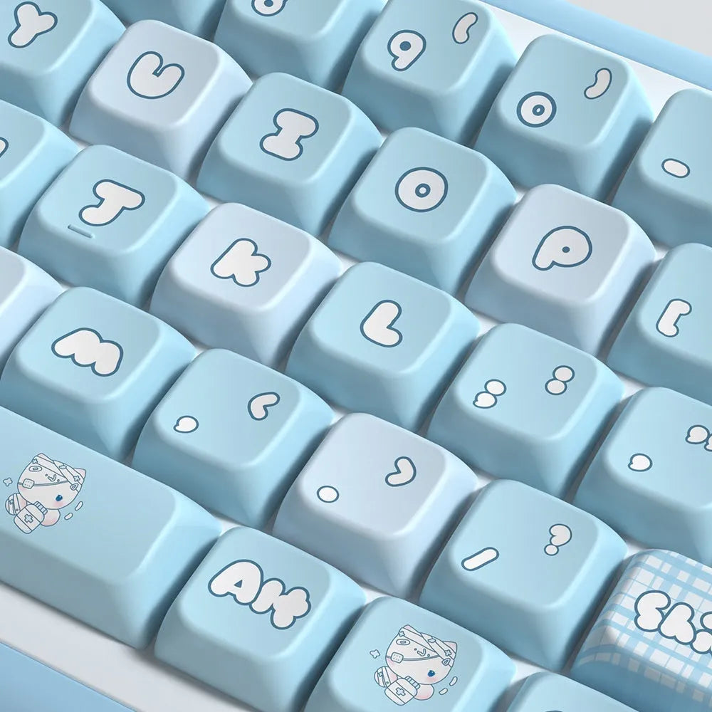 Full set of watercolour kitten design keycaps for mechanical keyboards, showing opaque legends on PTB plastic.