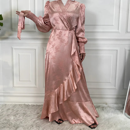 Women's patchwork Muslim dress with satin printing in green, black, pink, gold, or apricot colours