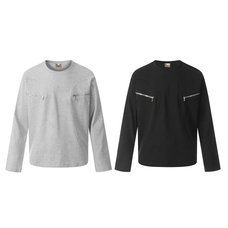 Men's casual long sleeve t-shirt pullover in cotton fabric with loose fit design, available in black and flower grey colours with sizes M, L, XL, and XXL for leisure wear and everyday comfort