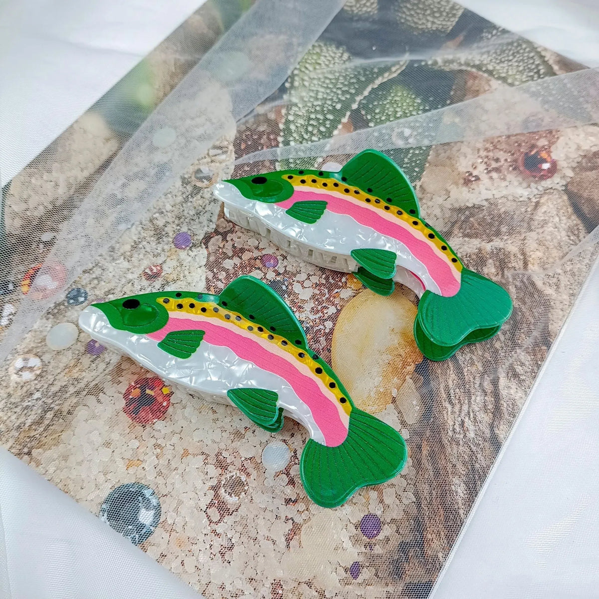 Dark green PVC hair clip with detailed rainbow trout fish design and scale pattern printing