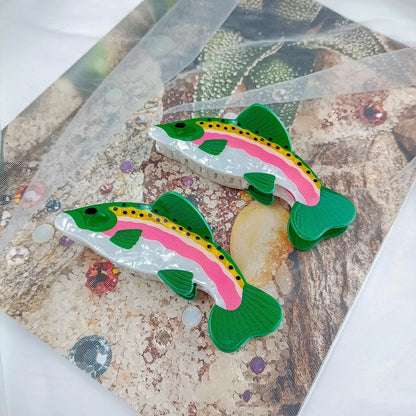 Dark green PVC hair clip with detailed rainbow trout fish design and scale pattern printing