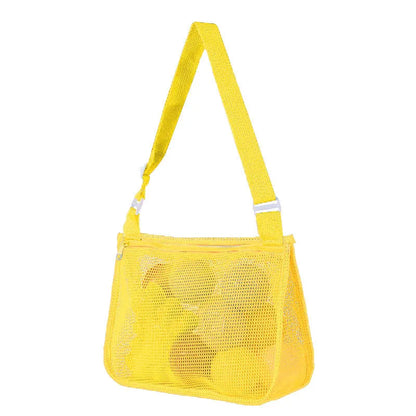 Blue children's travel storage organiser bag with nylon mesh construction and shoulder strap