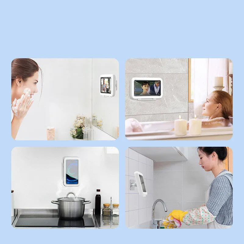 Waterproof shower phone holder mounted on bathroom tile with mobile phone visible through anti-fog window