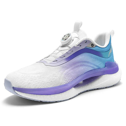 Men's high top mesh running shoes in fluorescent colours with buckle fastening and round toe.