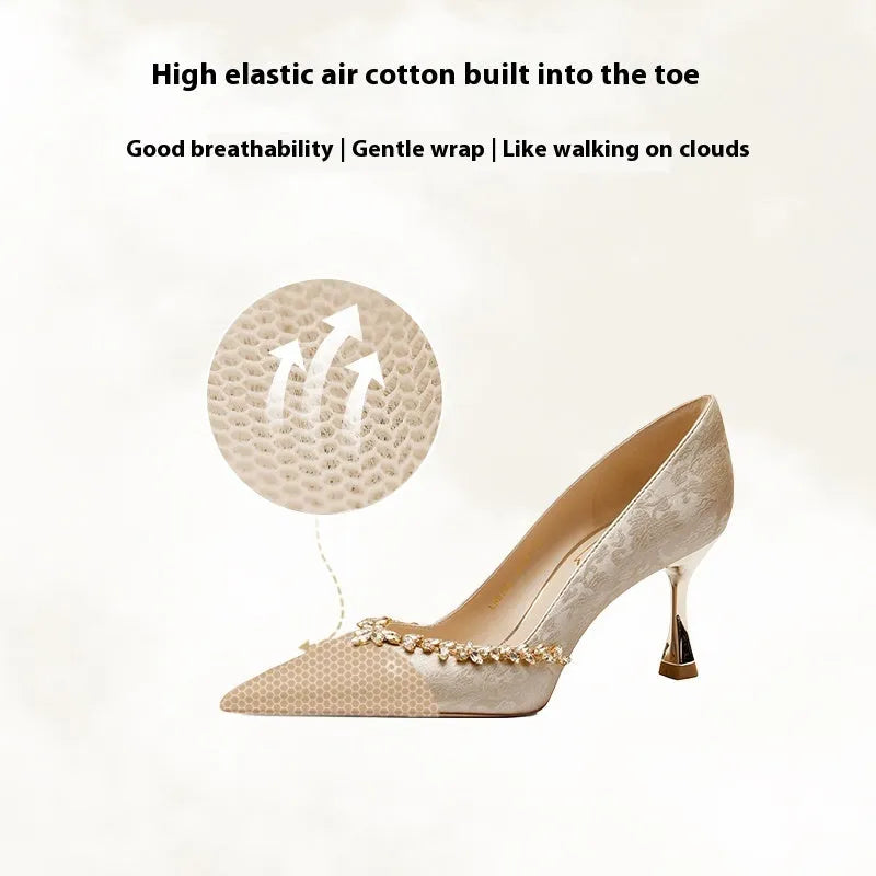 Chinese style wedding shoes with satin upper, rhinestone decoration and slip-on closure in champagne colour