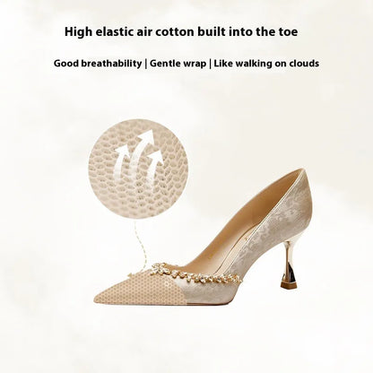 Chinese style wedding shoes with satin upper, rhinestone decoration and slip-on closure in champagne colour