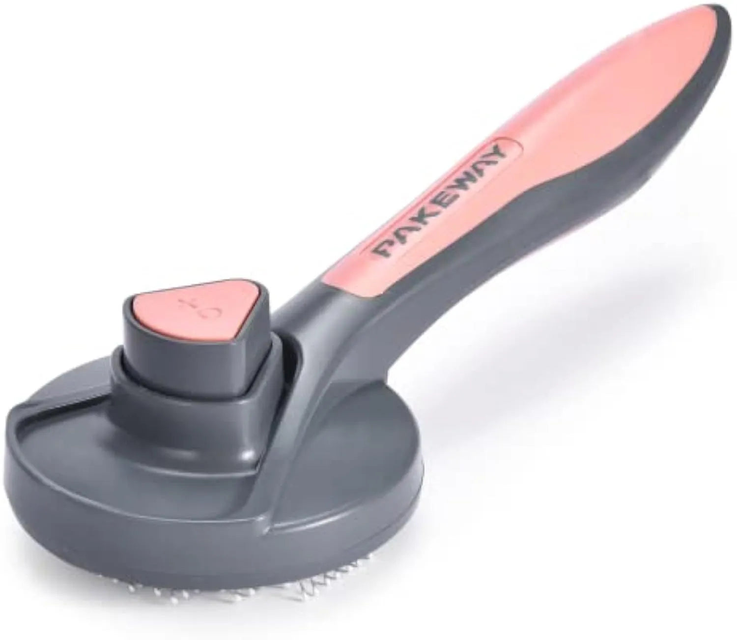 Grey self-cleaning slicker brush for pet grooming with one-click button and massage bristles