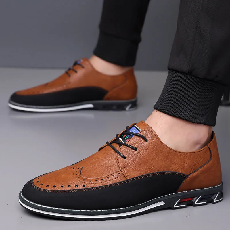 Men's black leather casual shoes with a leather toe cap and rubber sole on a white background.