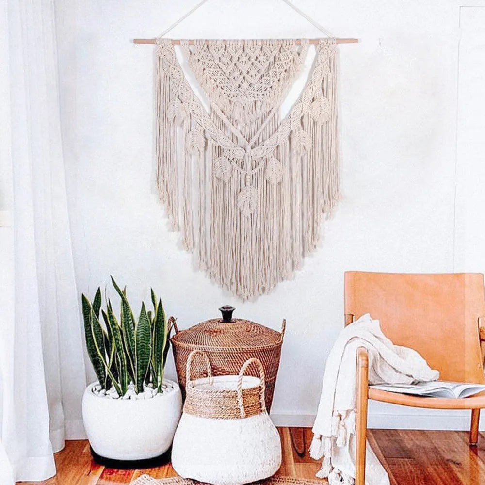 Large beige hand woven cotton tapestry, 115x100cm, modern simple wall hanging for living room or study
