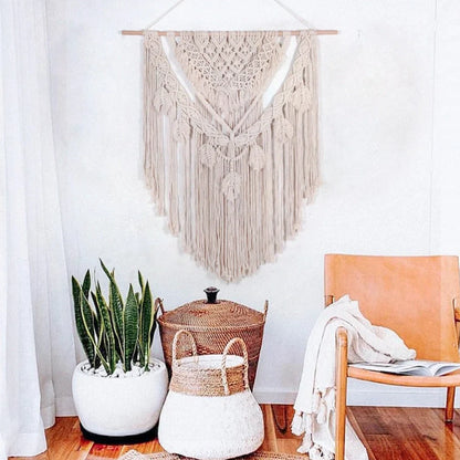 Beige hand woven cotton tapestry 115x100cm hanging on living room wall, textured weave detail