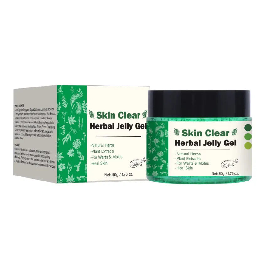 Clear herbal gel skincare product in 50g container with transparent formulation