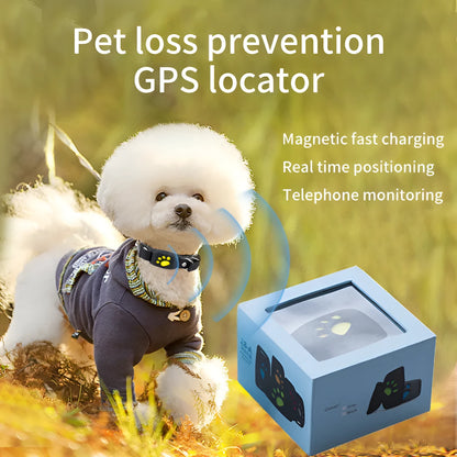 Waterproof GPS pet tracker in black, sky blue, pink, and grass colour options showing compact 65.5mm design