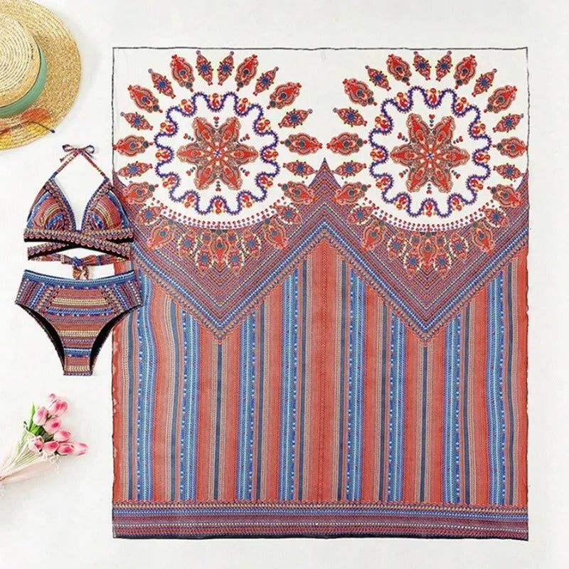 Women's three-piece swimsuit set with sleeveless top, high-waist briefs, and cover-up coat in picture colour