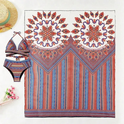 Women's three-piece swimsuit set with sleeveless top, high-waist briefs, and cover-up coat in picture colour
