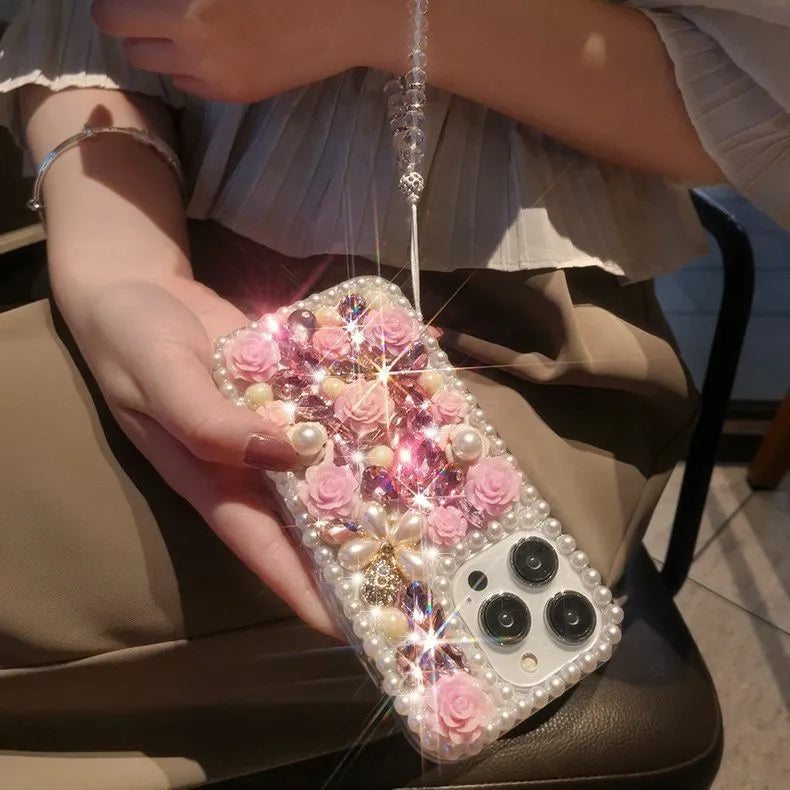 Flower shiny TPU iPhone case in pink or purple with crystal bracelet, anti-fingerprint cover for iPhone 11 to 16 Pro Max