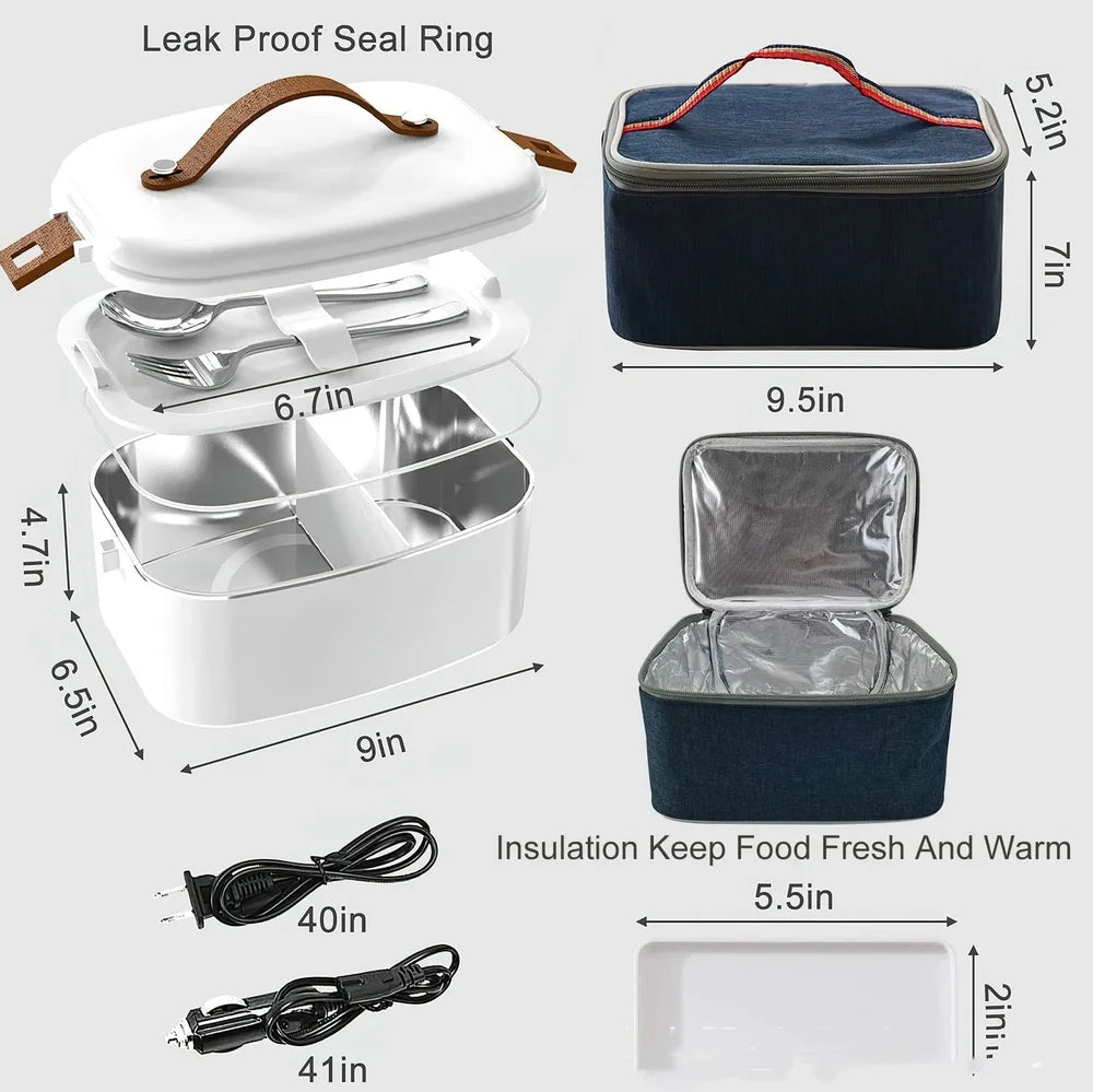 White car heating lunch box with stainless steel interior showing power cords and utensils