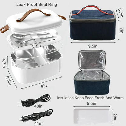 White car heating lunch box with stainless steel interior showing power cords and utensils