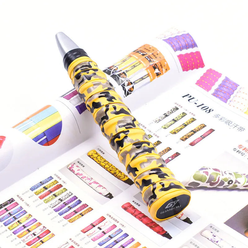 Roll of PU camouflage print grip tape for badminton racket, fishing rod and table tennis bat handles.
