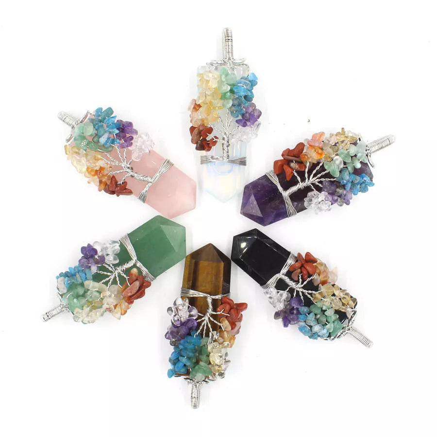 Crystal Column Tree of Life Winding Pendant Necklace in various natural crystal colors