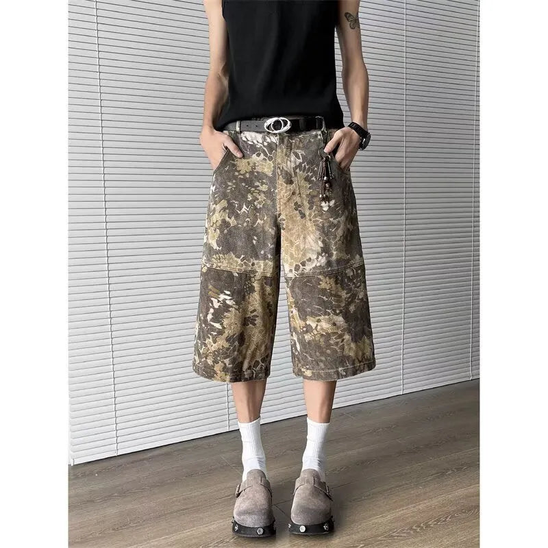 Yellow snake pattern tooling camouflage cropped jeans in 100% cotton denim, sizes S to 3XL