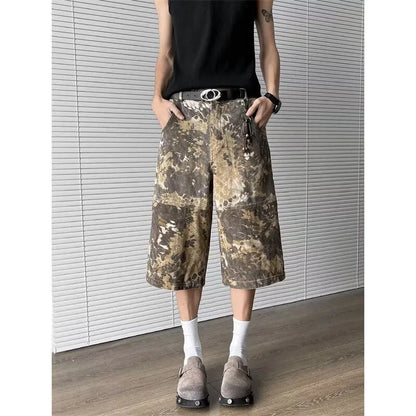 Yellow snake pattern tooling camouflage cropped jeans in 100% cotton denim, sizes S to 3XL