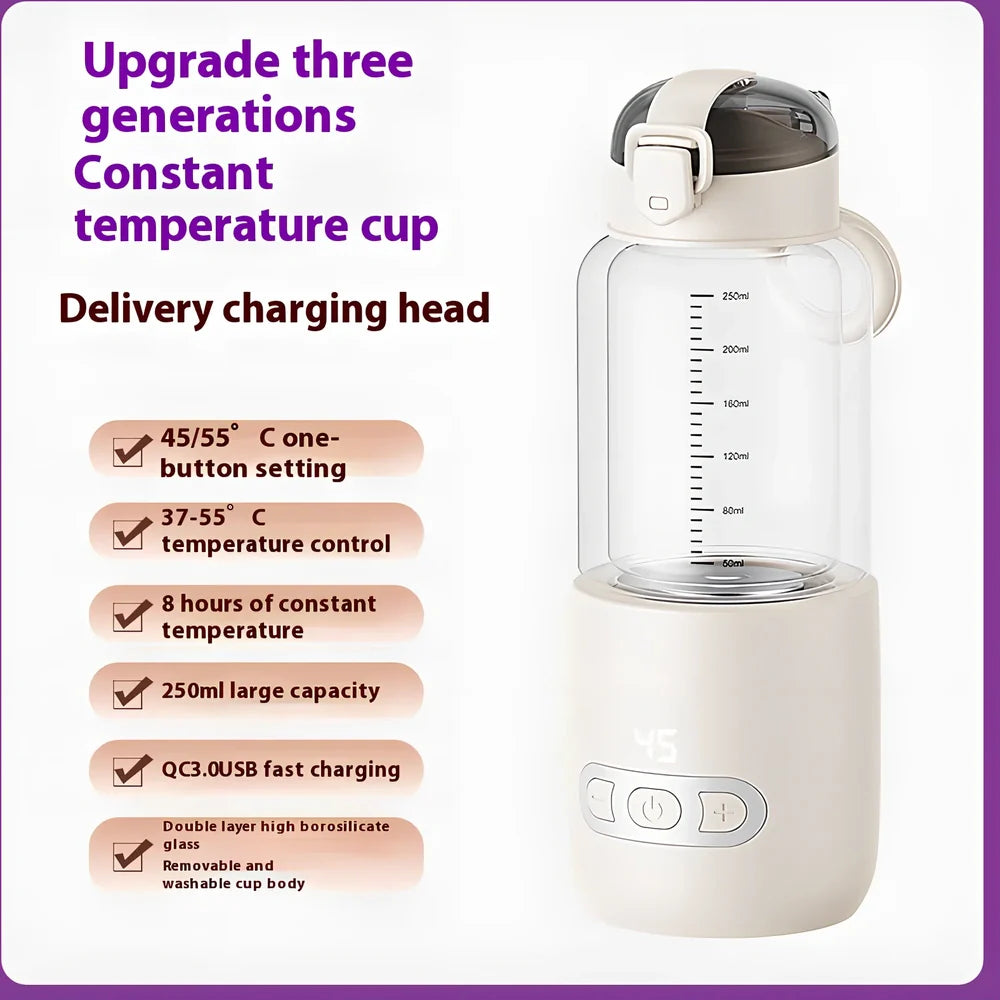 Wireless portable milk mixer with glass construction maintaining constant 37°C temperature for baby formula