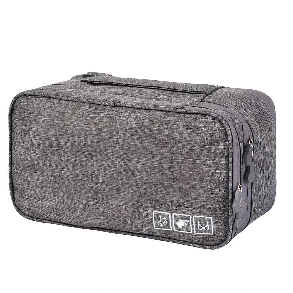 Purple cube-shaped bra storage bag with 3 internal shelves for organising underwear during travel