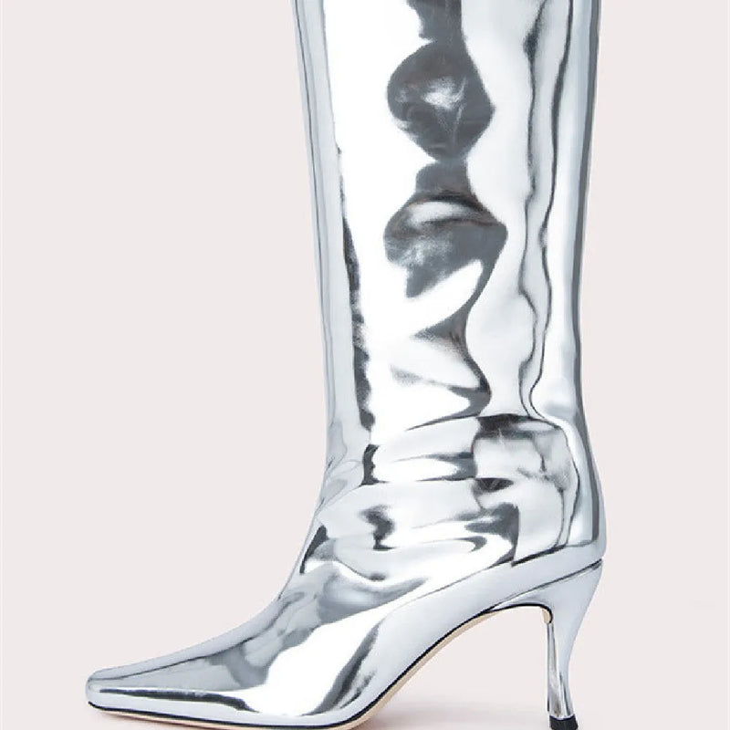 New style square toe cowboy boots for women in microfiber upper with sizes EU 35-43, featuring European and American styling for casual wear in colours like black, grey, dark red, brown stone, dark brown, silver, apricot, and snake print.