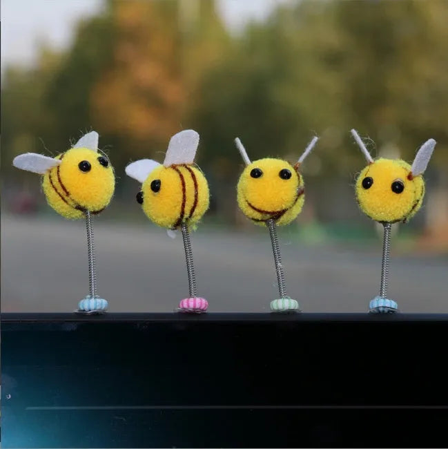 Cartoon Little Bee car decoration with swing spring, 3x3cm fur ball ornament