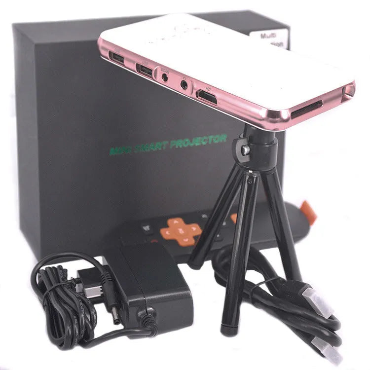 Miniature Portable Smart DLP Android Projector with 32GB Memory, M6S Smart Phone Projector with 8W Power and 4200mAh Battery in White Rose Gold Finish Measuring 145 x 80 x 17.5mm