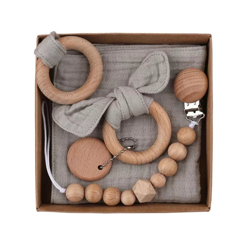 Natural cotton baby bath toy set with wooden rattle and comfort towel