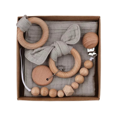 Natural cotton baby bath toy set with wooden rattle and comfort towel
