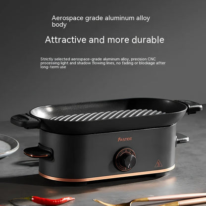 Mini electric barbecue plate grill with titanium black finish, measuring 350cm long, for smoke-free indoor cooking